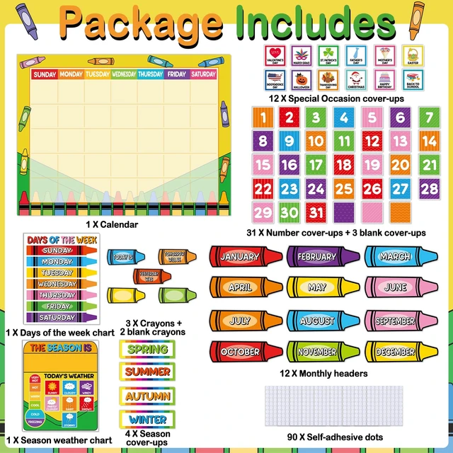 Alt view image 2 of 7 - Colorful Crayon Calendar Bulletin Board Set Crayons CTP Bulletin Board Calendar Seasons Weather Chart Crayon Classroom Decors with Season Weather and Days of the Week Chart for Back to School Supplies