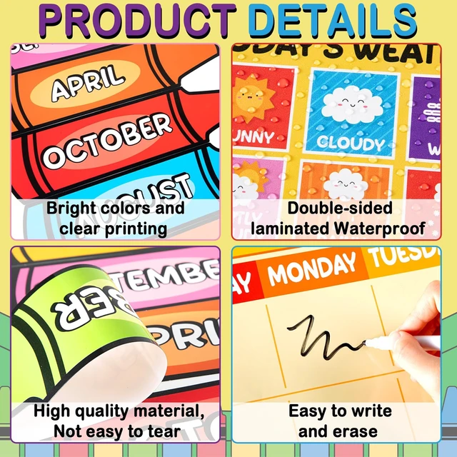 Alt view image 4 of 7 - Colorful Crayon Calendar Bulletin Board Set Crayons CTP Bulletin Board Calendar Seasons Weather Chart Crayon Classroom Decors with Season Weather and Days of the Week Chart for Back to School Supplies