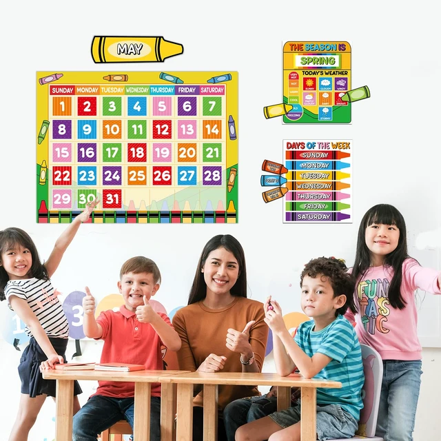 Alt view image 5 of 7 - Colorful Crayon Calendar Bulletin Board Set Crayons CTP Bulletin Board Calendar Seasons Weather Chart Crayon Classroom Decors with Season Weather and Days of the Week Chart for Back to School Supplies
