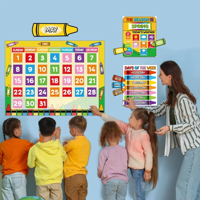 Alt view image 6 of 7 - Colorful Crayon Calendar Bulletin Board Set Crayons CTP Bulletin Board Calendar Seasons Weather Chart Crayon Classroom Decors with Season Weather and Days of the Week Chart for Back to School Supplies