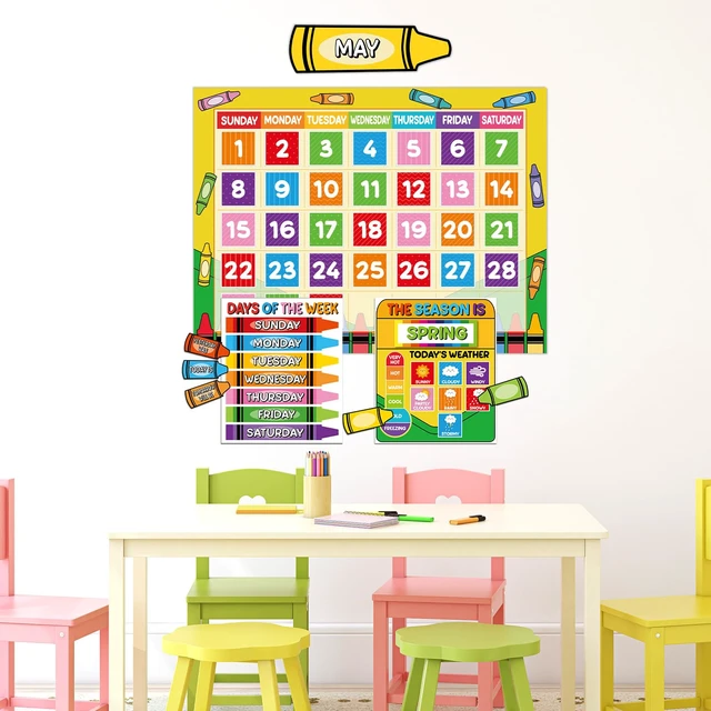 Alt view image 7 of 7 - Colorful Crayon Calendar Bulletin Board Set Crayons CTP Bulletin Board Calendar Seasons Weather Chart Crayon Classroom Decors with Season Weather and Days of the Week Chart for Back to School Supplies