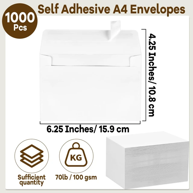 Alt view image 2 of 7 - Self Adhesive Invitation, 1000 Pcs A4 Envelopes 4.25x6.25 Inches Paper Material, Self Seal Envelopes, 1000 Count, For Weddings, Baby Showers, Photos, Notes, Greeting Cards, Easy Mailing