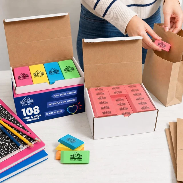 Alt view image 7 of 7 - Bulk Pink Erasers - 108 Pack of Neon and Pink Erasers Neon and Pink, For Offices, Classroom, Kids, Students, Families, Donations