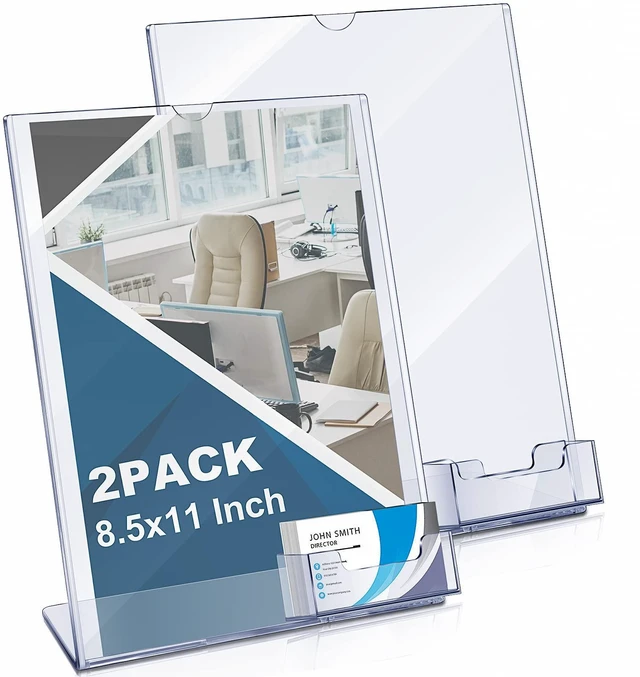 Main image of 4 Pcs Acrylic Flyer Holder Stand with Business Card Pocket 8.5x11 Clear Display for Brochures Menus, Desktop Business Card Holder, Office Counter Use, Transparent Acrylic Sign Stand