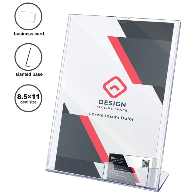 Alt view image 4 of 7 - 4 Pcs Acrylic Flyer Holder Stand with Business Card Pocket 8.5x11 Clear Display for Brochures Menus, Desktop Business Card Holder, Office Counter Use, Transparent Acrylic Sign Stand