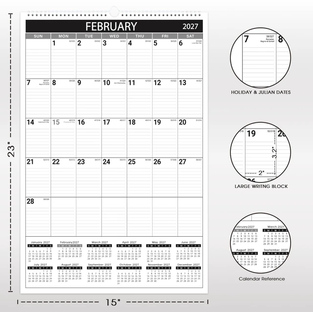Alt view image 3 of 7 - 2027 Wall Calendar, 2027 Vertical Large Wall Calendar, 15" x 23" from Jan 2027 - Dec 2027, Julian Date, Premium Paper, for Home Office Organizing