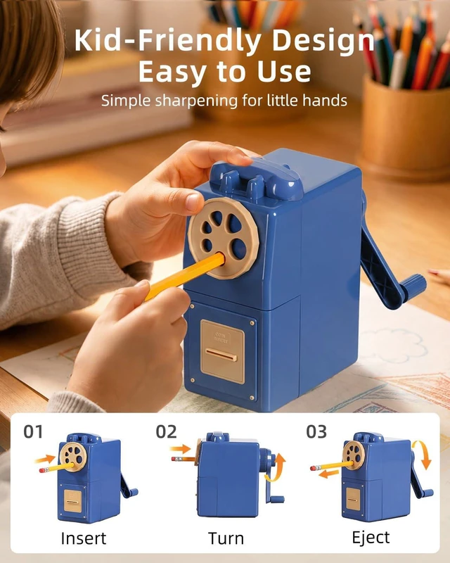 Alt view image 6 of 7 - Heavy Duty Manual Hand Crank Pencil Sharpener, Desktop, Blue For Colored Pencils, No Mounting Required, 5 Adjustable Modes, Durable Alloy Blade, Ideal for Classroom, Office & Artists