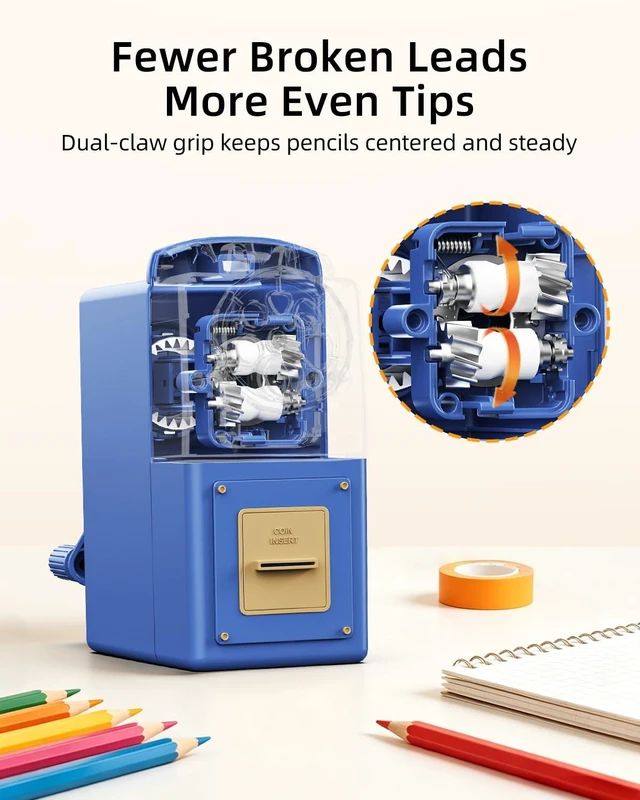 Alt view image 7 of 7 - Heavy Duty Manual Hand Crank Pencil Sharpener, Desktop, Blue For Colored Pencils, No Mounting Required, 5 Adjustable Modes, Durable Alloy Blade, Ideal for Classroom, Office & Artists