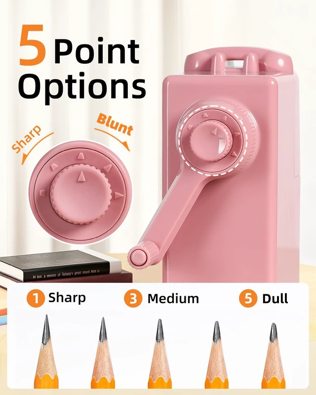 Alt view image 3 of 7 - Heavy Duty Manual Hand Crank Pencil Sharpener, Desktop, Pink For Colored Pencils, No Mounting Required, 5 Adjustable Modes, Durable Alloy Blade, Ideal for Classroom, Office & Artists