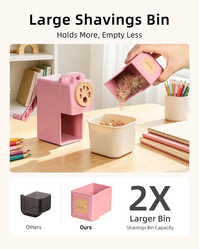 Alt view image 5 of 7 - Heavy Duty Manual Hand Crank Pencil Sharpener, Desktop, Pink For Colored Pencils, No Mounting Required, 5 Adjustable Modes, Durable Alloy Blade, Ideal for Classroom, Office & Artists