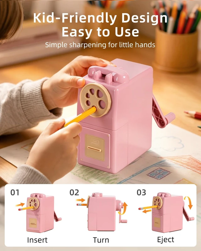 Alt view image 6 of 7 - Heavy Duty Manual Hand Crank Pencil Sharpener, Desktop, Pink For Colored Pencils, No Mounting Required, 5 Adjustable Modes, Durable Alloy Blade, Ideal for Classroom, Office & Artists