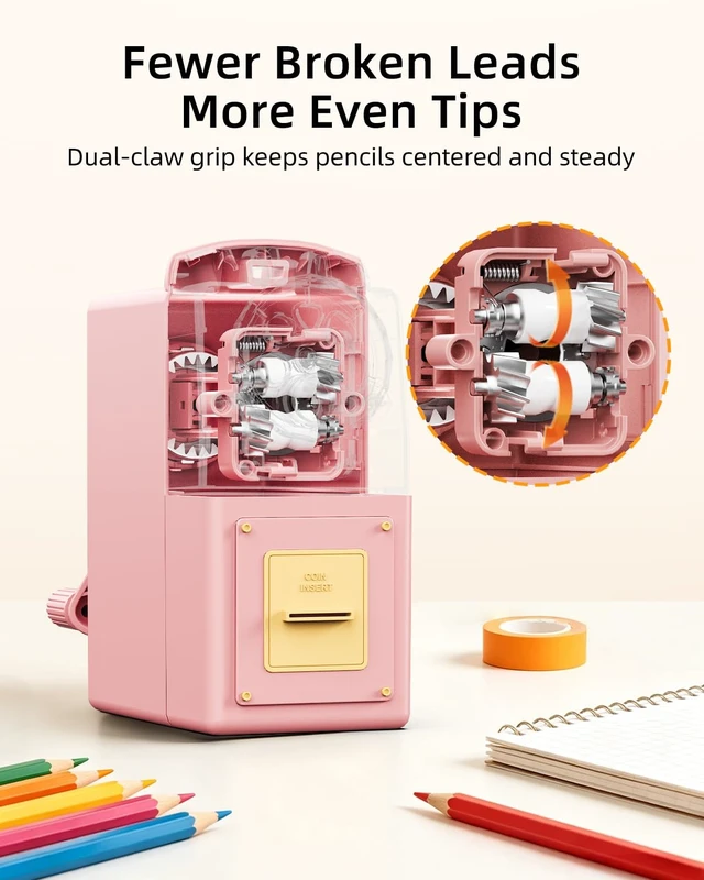 Alt view image 7 of 7 - Heavy Duty Manual Hand Crank Pencil Sharpener, Desktop, Pink For Colored Pencils, No Mounting Required, 5 Adjustable Modes, Durable Alloy Blade, Ideal for Classroom, Office & Artists