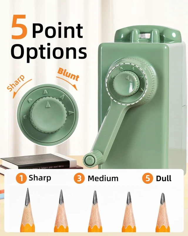 Alt view image 3 of 7 - Heavy Duty Manual Hand Crank Pencil Sharpener, Desktop, Green For Colored Pencils, No Mounting Required, 5 Adjustable Modes, Durable Alloy Blade, Ideal for Classroom, Office & Artists