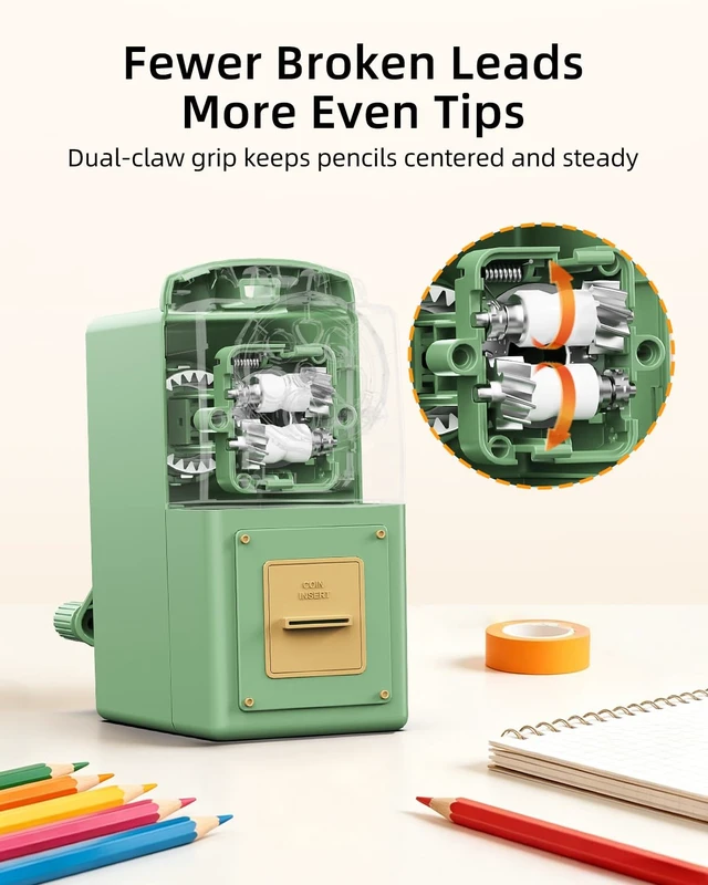 Alt view image 7 of 7 - Heavy Duty Manual Hand Crank Pencil Sharpener, Desktop, Green For Colored Pencils, No Mounting Required, 5 Adjustable Modes, Durable Alloy Blade, Ideal for Classroom, Office & Artists