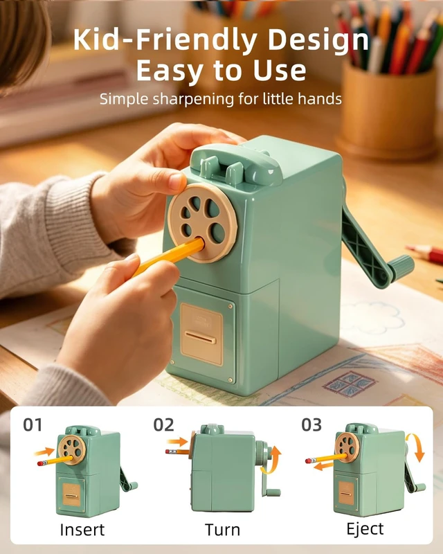 Alt view image 6 of 7 - Heavy Duty Manual Hand Crank Pencil Sharpener, Desktop, Green For Colored Pencils, No Mounting Required, 5 Adjustable Modes, Durable Alloy Blade, Ideal for Classroom, Office & Artists