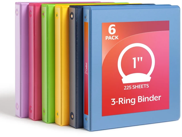 Main image of 1 Inch 3 Ring Binders, 6 Pack, Assorted Colors, Holds 225 Sheets Round rings, clear view covers for custom inserts, and 2 inside pockets. PVC free, non stick. Stock up pack