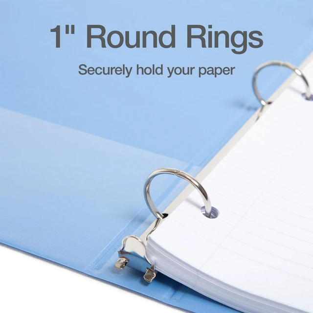 Alt view image 3 of 7 - 1 Inch 3 Ring Binders, 6 Pack, Assorted Colors, Holds 225 Sheets Round rings, clear view covers for custom inserts, and 2 inside pockets. PVC free, non stick. Stock up pack