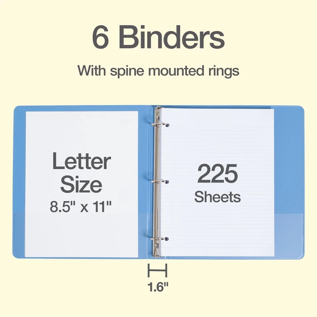 Alt view image 2 of 7 - 1 Inch 3 Ring Binders, 6 Pack, Assorted Colors, Holds 225 Sheets Round rings, clear view covers for custom inserts, and 2 inside pockets. PVC free, non stick. Stock up pack
