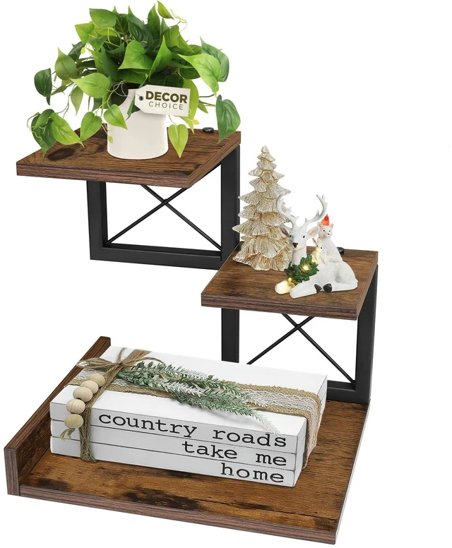 Main image of Desk Shelf Organizer, Wood Desktop Organizer Small Bookshelf, 3 Tier Storage Shelf Riser Display Stand for Office Decor and Desk Accessories, Rustic Brown Black