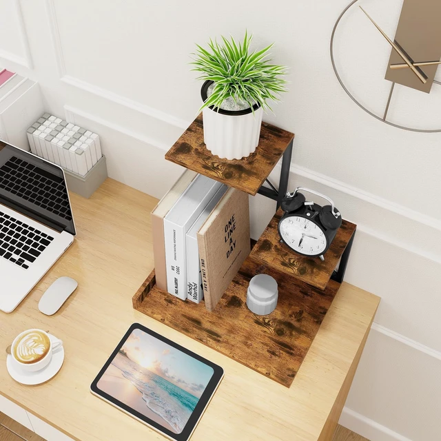 Alt view image 2 of 7 - Desk Shelf Organizer, Wood Desktop Organizer Small Bookshelf, 3 Tier Storage Shelf Riser Display Stand for Office Decor and Desk Accessories, Rustic Brown Black