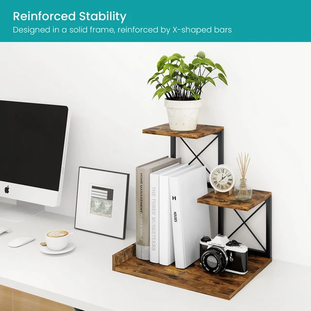 Alt view image 6 of 7 - Desk Shelf Organizer, Wood Desktop Organizer Small Bookshelf, 3 Tier Storage Shelf Riser Display Stand for Office Decor and Desk Accessories, Rustic Brown Black