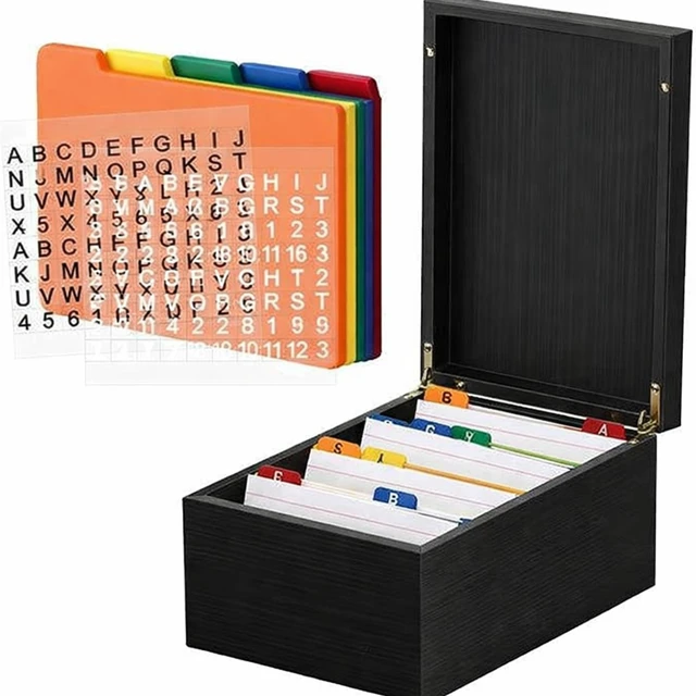 Main image of 4 x 6 Inches Index Card Holder Set, Bamboo Organizer Box, Black Holds 1200 Cards with 50 Index Card Organizer Dividers & 2 Sheets Alphabet Number Stickers for Office Home Kitchen Filing
