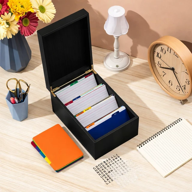 Alt view image 4 of 6 - 4 x 6 Inches Index Card Holder Set, Bamboo Organizer Box, Black Holds 1200 Cards with 50 Index Card Organizer Dividers & 2 Sheets Alphabet Number Stickers for Office Home Kitchen Filing