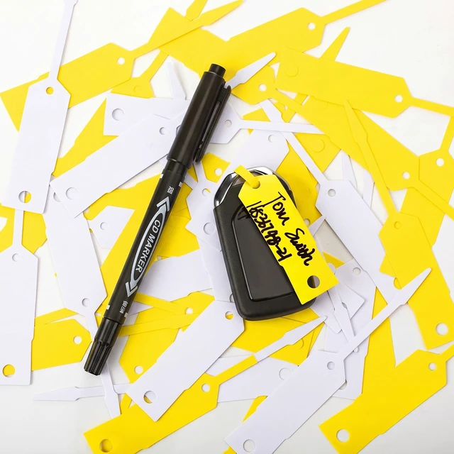 Alt view image 5 of 6 - 2000 Pcs Self Locking Arrow Key Tags,Yellow White, 4 1/2 x 3/4 Inch Car Key Labels Self Lock Identifiers Car Parts Tags with 5 Pcs Black Pens for Office Automotive Shop Supplies