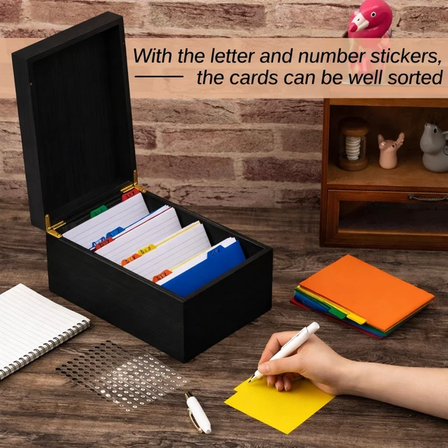 Alt view image 5 of 6 - 4 x 6 Inches Index Card Holder Set, Bamboo Organizer Box, Black Holds 1200 Cards with 50 Index Card Organizer Dividers & 2 Sheets Alphabet Number Stickers for Office Home Kitchen Filing