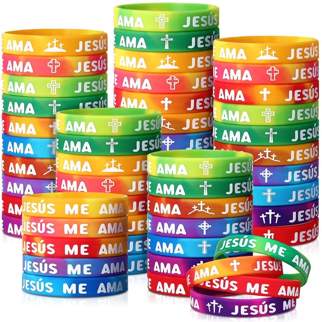 Main image of 200 Pcs Spanish Jesus Loves Me Wristbands Bulk 10 Styles Rainbow Jesus Me Ama Religious Wristbands Christian Cross Silicone Gift for Missionaries Religious Christian Church Giveaways Group
