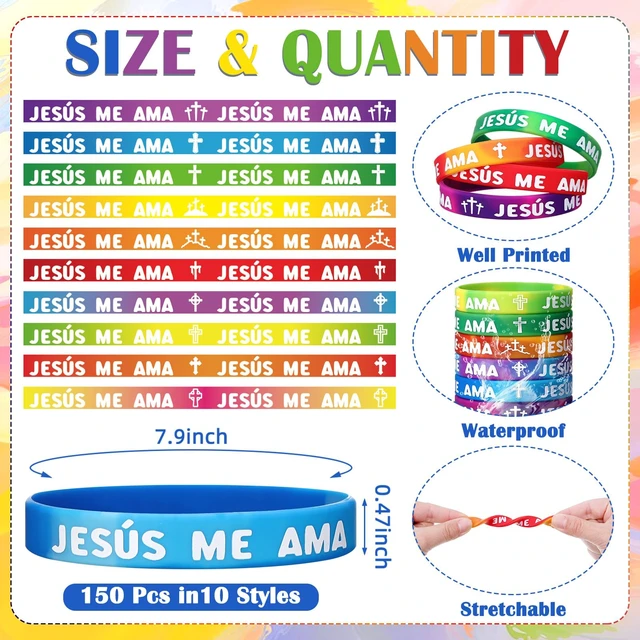 Alt view image 2 of 6 - 200 Pcs Spanish Jesus Loves Me Wristbands Bulk 10 Styles Rainbow Jesus Me Ama Religious Wristbands Christian Cross Silicone Gift for Missionaries Religious Christian Church Giveaways Group
