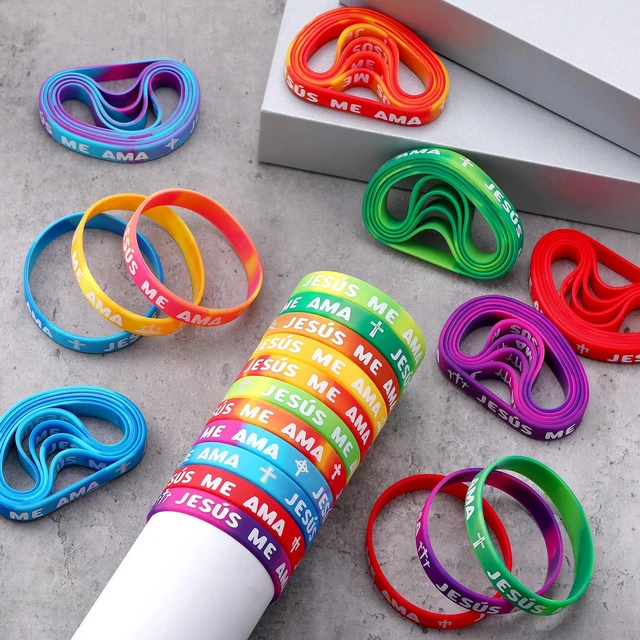 Alt view image 4 of 6 - 200 Pcs Spanish Jesus Loves Me Wristbands Bulk 10 Styles Rainbow Jesus Me Ama Religious Wristbands Christian Cross Silicone Gift for Missionaries Religious Christian Church Giveaways Group