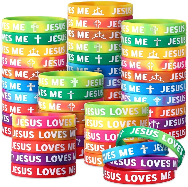 Main image of 200 Pcs Jesus Loves Me Wristbands Bulk Rainbow Religious Gifts Christian rubber bands with 10 styles, stretchable silicone bracelet for church Sunday school, Christian party favors gifts