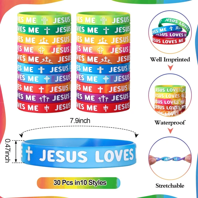 Alt view image 2 of 6 - 200 Pcs Jesus Loves Me Wristbands Bulk Rainbow Religious Gifts Christian rubber bands with 10 styles, stretchable silicone bracelet for church Sunday school, Christian party favors gifts