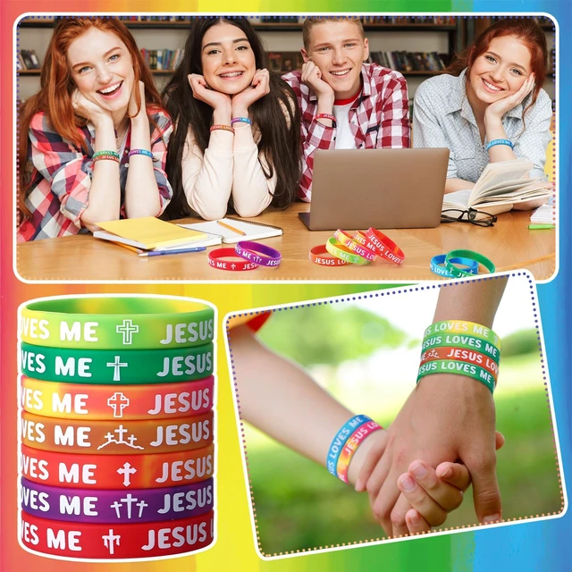 Alt view image 3 of 6 - 200 Pcs Jesus Loves Me Wristbands Bulk Rainbow Religious Gifts Christian rubber bands with 10 styles, stretchable silicone bracelet for church Sunday school, Christian party favors gifts