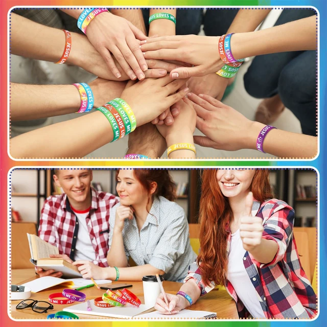 Alt view image 4 of 6 - 200 Pcs Jesus Loves Me Wristbands Bulk Rainbow Religious Gifts Christian rubber bands with 10 styles, stretchable silicone bracelet for church Sunday school, Christian party favors gifts