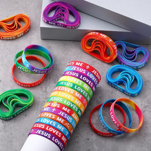 Alt view image 5 of 6 - 200 Pcs Jesus Loves Me Wristbands Bulk Rainbow Religious Gifts Christian rubber bands with 10 styles, stretchable silicone bracelet for church Sunday school, Christian party favors gifts