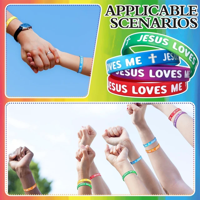 Alt view image 6 of 6 - 200 Pcs Jesus Loves Me Wristbands Bulk Rainbow Religious Gifts Christian rubber bands with 10 styles, stretchable silicone bracelet for church Sunday school, Christian party favors gifts