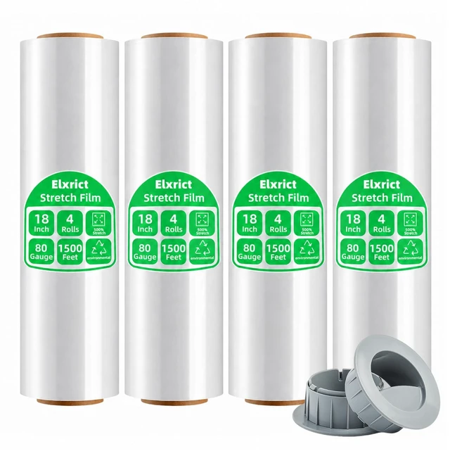 Main image of 18in Stretch Wrap Roll, Heavy Duty 1500ft Shrink Wrap, 4 Pack with Handle 80 Gauge, Industrial Strength, Clear Stretch Film, Self-Adhesive, Plastic Wrap for Pallet Wrapping Shipping Moving Furniture