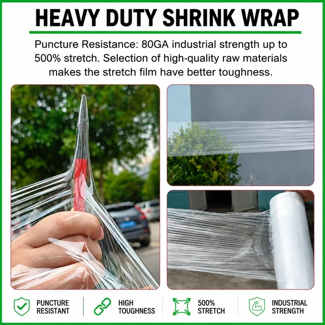 Alt view image 2 of 7 - 18in Stretch Wrap Roll, Heavy Duty 1500ft Shrink Wrap, 4 Pack with Handle 80 Gauge, Industrial Strength, Clear Stretch Film, Self-Adhesive, Plastic Wrap for Pallet Wrapping Shipping Moving Furniture