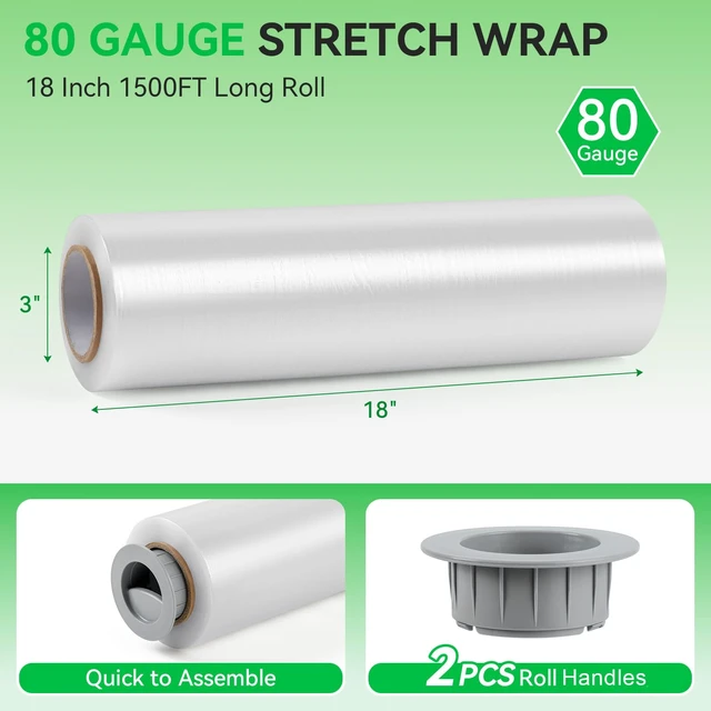 Alt view image 3 of 7 - 18in Stretch Wrap Roll, Heavy Duty 1500ft Shrink Wrap, 4 Pack with Handle 80 Gauge, Industrial Strength, Clear Stretch Film, Self-Adhesive, Plastic Wrap for Pallet Wrapping Shipping Moving Furniture