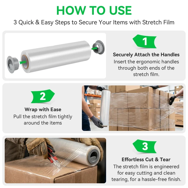 Alt view image 4 of 7 - 18in Stretch Wrap Roll, Heavy Duty 1500ft Shrink Wrap, 4 Pack with Handle 80 Gauge, Industrial Strength, Clear Stretch Film, Self-Adhesive, Plastic Wrap for Pallet Wrapping Shipping Moving Furniture