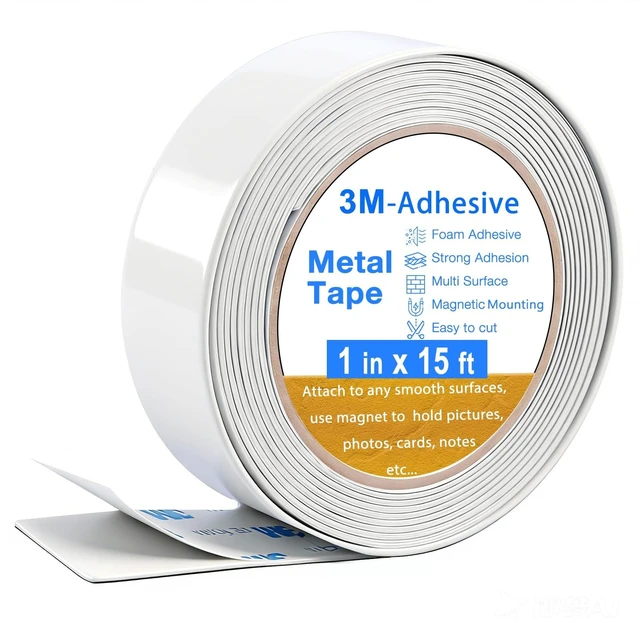 Main image of Bendable Adhesive Metal Strip for Magnets, (1 inch Wide X 15 ft Long) Flexible White Metal Tape Roll, White Ferrous Tape Stick on Wall to Hold Magnetic Products