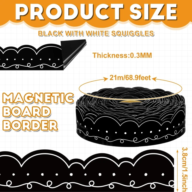 Alt view image 2 of 6 - 68.9 ft Magnetic Bulletin Board Border, Black with White Squiggles Magnetic Border Whiteboard Strips Roll, 1.5 Inches Wide for Classroom Chalkboard Trim School Office Chalkboard Decoration