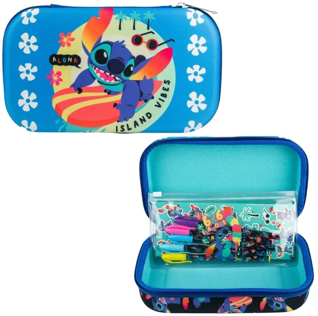 Main image of Disney Stitch Pencil Case Set with Stickers and Gel Pens for Kids, Molded with Zip Closure, Blue