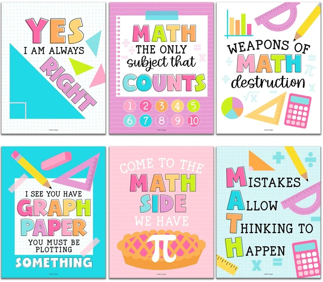 Main image of 6 Math Posters - Motivational Math Posters for Elementary & Middle School Colorful Pastel Classroom Must Haves, Inspirational Classroom Decor Poster for High School, Bulletin Board Set Teacher Supply