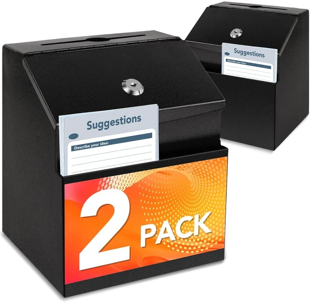 Main image of Suggestion Boxes with Slot and Lock,2 Pack Metal Donation Boxes Wall Mounted Ballot and 50 Free Suggestion Cards,Donation Boxes for Fundraising with 2 Keys 8.4 x 5.8 x 7.0 inch,Black