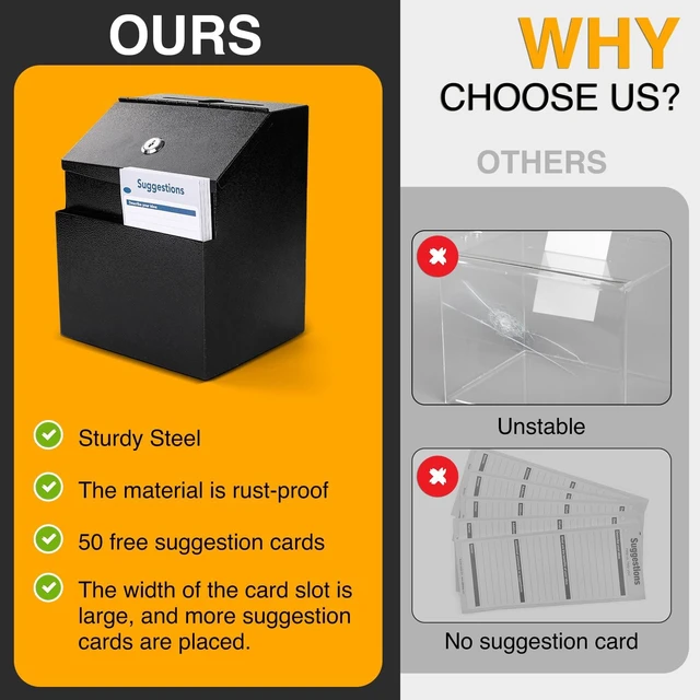 Alt view image 4 of 6 - Suggestion Boxes with Slot and Lock,2 Pack Metal Donation Boxes Wall Mounted Ballot and 50 Free Suggestion Cards,Donation Boxes for Fundraising with 2 Keys 8.4 x 5.8 x 7.0 inch,Black