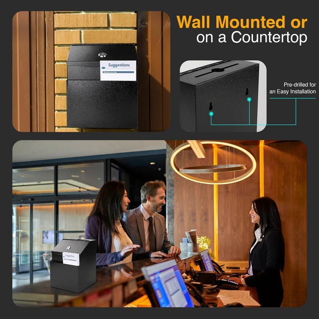 Alt view image 6 of 6 - Suggestion Boxes with Slot and Lock,2 Pack Metal Donation Boxes Wall Mounted Ballot and 50 Free Suggestion Cards,Donation Boxes for Fundraising with 2 Keys 8.4 x 5.8 x 7.0 inch,Black
