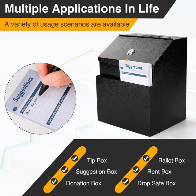 Alt view image 3 of 6 - Suggestion Boxes with Slot and Lock,2 Pack Metal Donation Boxes Wall Mounted Ballot and 50 Free Suggestion Cards,Donation Boxes for Fundraising with 2 Keys 8.4 x 5.8 x 7.0 inch,Black